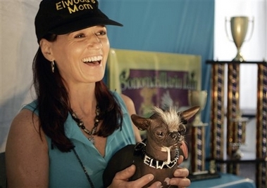 Karen Quigley, of Sewell, N.J., holds her Chinese Crested dog 'Elwood', who won the 2007 World's Ugliest Dog Contest Friday, June 22, 2007, in Petaluma, Calif. Elwood weighs in at just 6 pounds and was rescued as the result of a New Jersey SPCA investigation.