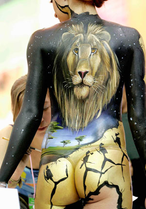 A model displays a body art creation at the International Festival of Beauty in St. Petersburg February 24, 2007.