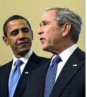 Bush defends record, Obama speaks of future