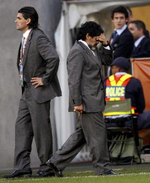 Argentina's coach Diego Maradona reacts in quarter-final match against Germany