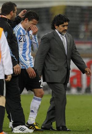 Argentina's coach Diego Maradona reacts in quarter-final match against Germany