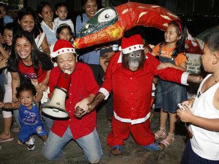 Orangutan wears Santa Claus outfit