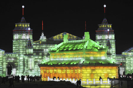 Ice sculptures displayed at Harbin Ice and Snow Festival