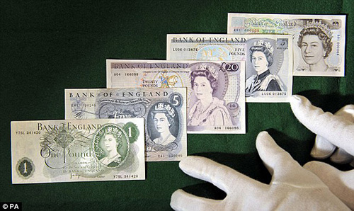 Changing faces of British Queen on pound notes