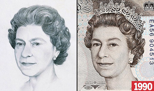 Changing faces of British Queen on pound notes