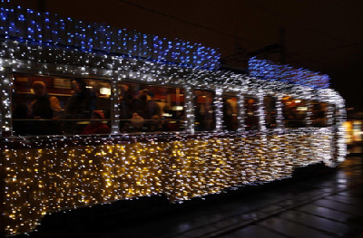 Christmas lights decorate Budapest trams